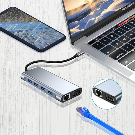 Adapter Hub D-Pro 11w1 przejściówka rozdzielacz USB-C do HDMI 4K UHD / USB Type-C PD / USB 2.0 3.0 / SD / TF / RJ45 LAN 100Mbps / VGA / Audio Mini Jack 3.5mm (Space Gray / Szary)
