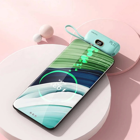 Powerbank D-Pro Mini Capsule LED Lightning + kabel USB-C mały poręczny kieszonkowy breloczek 5000mAh (Biały)