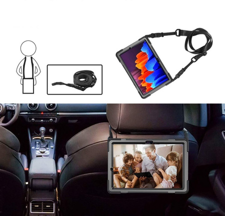 D-Pro 360 Armor Strap Case etui pancerne z uchwytem na rękę i paskiem na ramię do Samsung Galaxy Tab S7 2020 (SM-T870/T875/T878) / S8 2021 (SM-X706) / S9 2023 (SM-X710/X716/X718) / S9 FE (SM-X510/X516/X518) / S10 FE (SM-X520/X526)