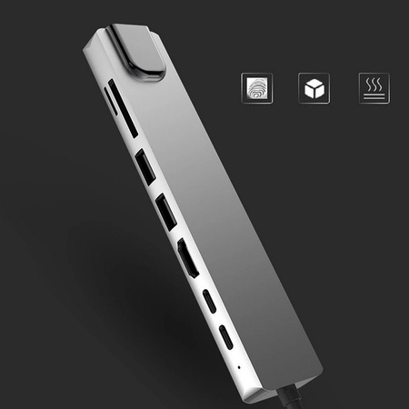 Adapter Hub D-Pro 8w1 przejściówka rozdzielacz USB-C do HDMI 4K UHD / 2x USB Type-C PD / USB 3.0 / SD / TF / RJ45 LAN 100Mbps (Space Gray / Szary)