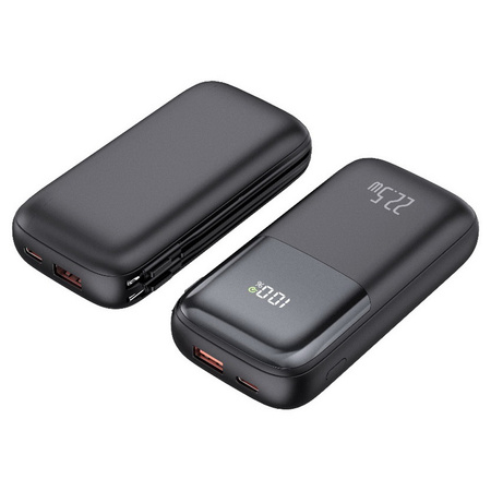 Power Bank D-Pro Dual Cable LED 2x kabel USB-C + Lightning szybkie ładowanie 22.5W QC 3.0 PD 10000mAh (Czarny)