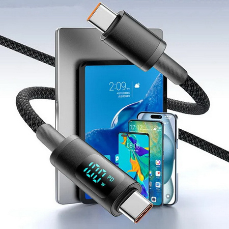 Kabel przewód USB-C do USB-C Type-C z wyświetlaczem LED do szybkiego ładowania PD 100W nylonowy oplot 100cm 1m (Żółty / Złoty)