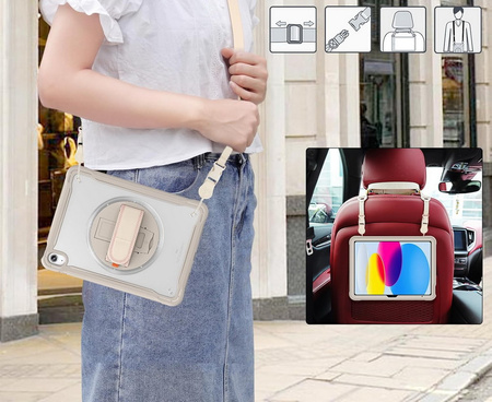 D-Pro 360 Shock V2 Strap Case etui pancerne z uchwytem na rękę i paskiem na ramię do Apple iPad 10 Gen. (2022) / 11 Gen. (2025) (Beżowy)