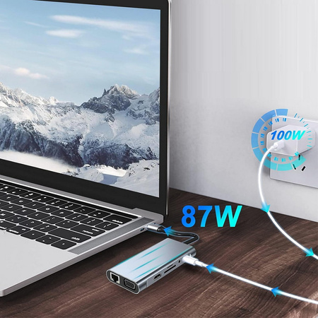 Adapter Hub D-Pro 11w1 przejściówka rozdzielacz USB-C do HDMI 4K UHD / USB Type-C PD / USB 2.0 3.0 / SD / TF / RJ45 LAN 100Mbps / VGA / Audio Mini Jack 3.5mm (Space Gray / Szary)