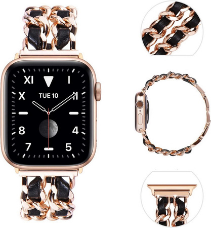 BransoletaGlow CNL Stainless Steel Leather Band  ozdobny pasek do Apple  Watch 38/40/41/42mm 1/2/3/4/5/6/7/8/9/10/SE (Rose Gold / Różowe złoto/ Czarny)