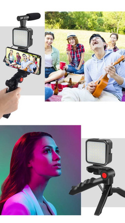 Zestaw Vlog Podcast YouTube do telefonu kamery aparatu lampa LED mikrofon uchwyt statyw pilot (Czarny) + adapter USB-C