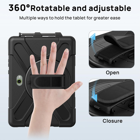 Etui D-Pro 360 Armor Strap Case obudowa pancerna z uchwytem na rękę i paskiem na ramię z wbudowaną folią na ekran do Samsung Galaxy Tab Active Pro 10.1 (T540/T545/T547) / Tab Active 4 Pro (T630/T636/T638) / Tab Active 5 Pro (X350/X356)