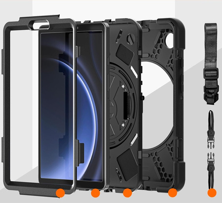 Zestaw D-Pro 360 Armor Strap Case etui pancerne z uchwytem na rękę i paskiem na ramię do Samsung Galaxy Tab A9 8.7" (X110/X115) (Czarne) + szkło ochronne 