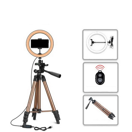 Lampa pierścieniowa LED Ring Fill Light Kit 10" 26cm studyjna do robienia zdjęć telefonem fotografia wideo stream transmisja podcast vlog makijaż + statyw tripod 130cm (Brązowo złoty)