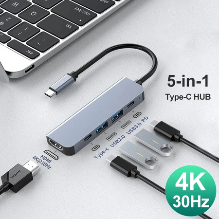 Adapter Hub D-Pro 5w1 przejściówka rozdzielacz USB-C do HDMI 4K UHD / 2x USB Type-C PD 100W / USB 2.0 3.0 (Space Gray / Szary)