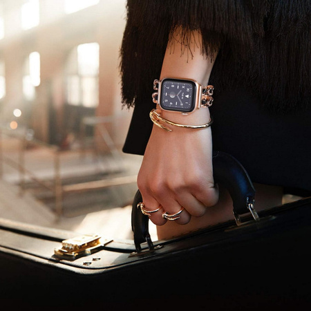 BransoletaGlow CNL Stainless Steel Leather Band  ozdobny pasek do Apple  Watch 38/40/41/42mm 1/2/3/4/5/6/7/8/9/10/SE (Rose Gold / Różowe złoto/ Czarny)
