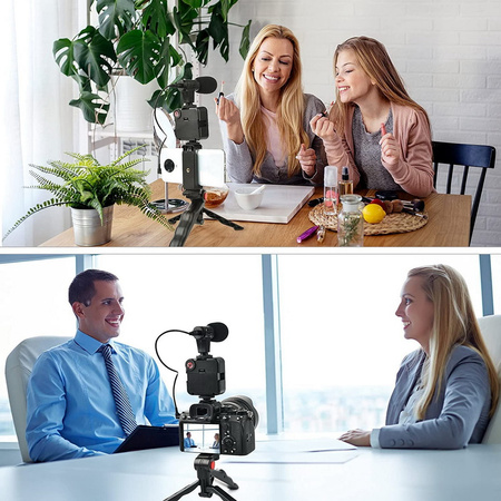 Zestaw Vlog Podcast YouTube do telefonu kamery aparatu lampa LED mikrofon uchwyt statyw pilot (Czarny) + adapter USB-C