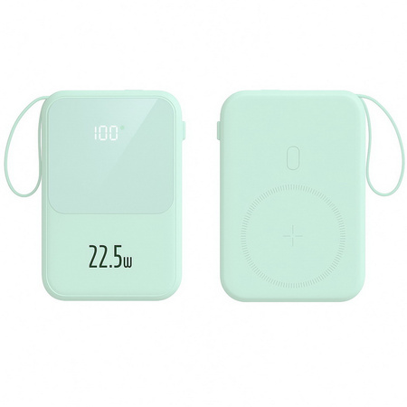 Power Bank D-Pro M2Cord LED indukcyjny magnetyczny 2x kabel USB-C + Lightning szybkie ładowanie 22.5W PD MagSafe 10000mAh (Miętowy)