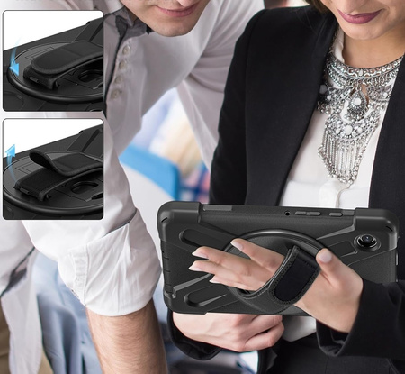 Zestaw D-Pro 360 Armor Strap Case etui pancerne z uchwytem na rękę i paskiem na ramię do Samsung Galaxy Tab A9 8.7" (X110/X115) (Czarne) + szkło ochronne 