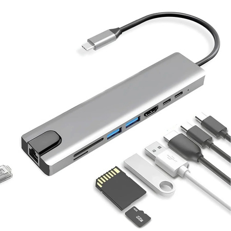 Adapter Hub D-Pro 8w1 przejściówka rozdzielacz USB-C do HDMI 4K UHD / 2x USB Type-C PD / USB 3.0 / SD / TF / RJ45 LAN 100Mbps (Space Gray / Szary)