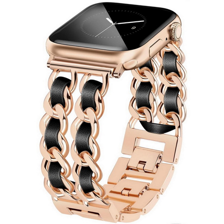 BransoletaGlow CNL Stainless Steel Leather Band  ozdobny pasek do Apple  Watch 38/40/41/42mm 1/2/3/4/5/6/7/8/9/10/SE (Rose Gold / Różowe złoto/ Czarny)