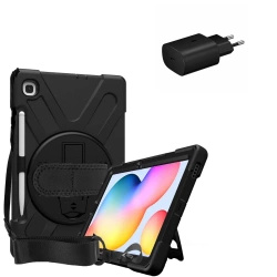 Zestaw D-Pro 360 Armor Strap Case etui pancerne z uchwytem na rękę i paskiem na ramię do Samsung Galaxy Tab S6 Lite 10.4" P610/P615 2020 P613/P619 2022 SM-P620/SM-P625 2024 + ładowarka