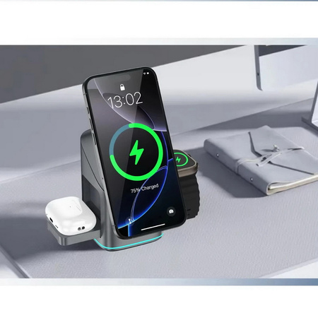Ładowarka indukcyjna Qi2 MagSafe Auto Rotate Wireless Charger szybka bezprzewodowa magnetyczna stacja do ładowania Apple Watch / iPhone / AirPods (Czarny)