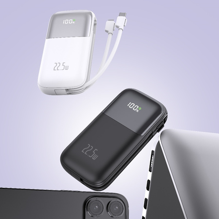 Power Bank D-Pro Dual Cable LED 2x kabel USB-C + Lightning szybkie ładowanie 22.5W QC 3.0 PD 10000mAh (Biały)