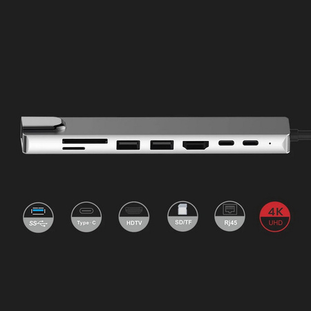 Adapter Hub D-Pro 8w1 przejściówka rozdzielacz USB-C do HDMI 4K UHD / 2x USB Type-C PD / USB 3.0 / SD / TF / RJ45 LAN 100Mbps (Space Gray / Szary)