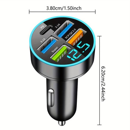 Ładowarka samochodowa szybka 4x USB-A + 1x USB-C QC 3.0 (Czarny)