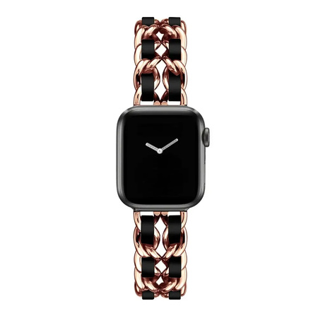BransoletaGlow CNL Stainless Steel Leather Band  ozdobny pasek do Apple  Watch 38/40/41/42mm 1/2/3/4/5/6/7/8/9/10/SE (Rose Gold / Różowe złoto/ Czarny)