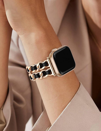 Bransoleta Glow CNL Stainless Steel Leather Band ozdobny pasek do Apple Watch 4/5/6/7/8/9/10/11/SE 1/2/3 40/41/42mm (Rose Gold / Różowe złoto/ Czarny)