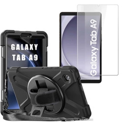 Zestaw D-Pro 360 Armor Strap Case etui pancerne z uchwytem na rękę i paskiem na ramię do Samsung Galaxy Tab A9 8.7" (X110/X115) (Czarne) + szkło ochronne 