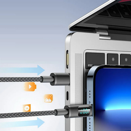 Kabel przewód USB-C do USB-C Type-C z wyświetlaczem LED do szybkiego ładowania PD 100W nylonowy oplot 200cm 2m (Czarny)