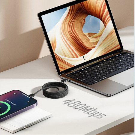 Kabel przewód magnetyczny USB-C do USB-C Type-C do szybkiego ładowania PD 66W nylonowy oplot samozwijający do Apple iPad mini/Air/Pro iPhone 15/16/17/Pro/Plus/Max 100cm 1m (Czarny)