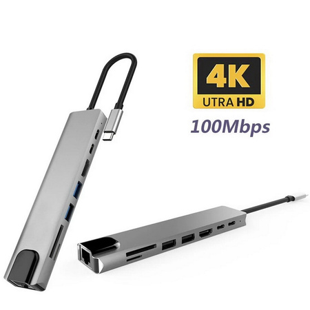 Adapter Hub D-Pro 8w1 przejściówka rozdzielacz USB-C do HDMI 4K UHD / 2x USB Type-C PD / USB 3.0 / SD / TF / RJ45 LAN 100Mbps (Space Gray / Szary)