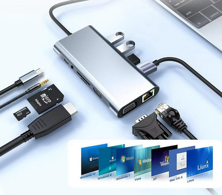 Adapter Hub D-Pro 11w1 przejściówka rozdzielacz USB-C do HDMI 4K UHD / USB Type-C PD / USB 2.0 3.0 / SD / TF / RJ45 LAN 100Mbps / VGA / Audio Mini Jack 3.5mm (Space Gray / Szary)