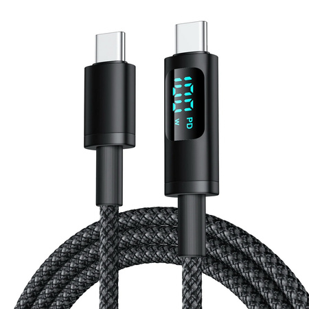 Kabel przewód USB-C do USB-C Type-C z wyświetlaczem LED do szybkiego ładowania PD 100W nylonowy oplot 200cm 2m (Czarny)