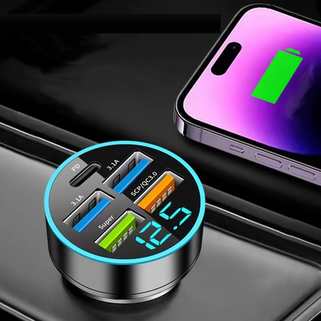 Ładowarka samochodowa szybka 4x USB-A + 1x USB-C QC 3.0 (Czarny)