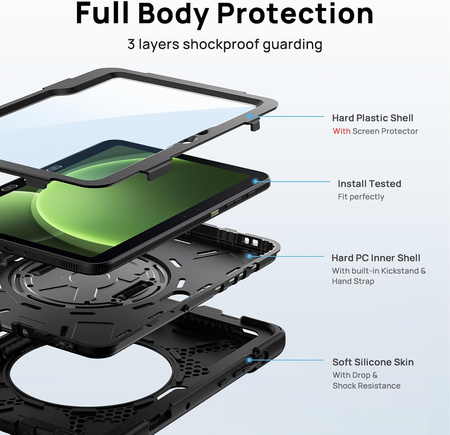 Etui D-Pro 360 Armor Strap Case obudowa pancerna z uchwytem na rękę i paskiem na ramię z wbudowaną folią na ekran do Samsung Galaxy Tab Active Pro 10.1 (T540/T545/T547) / Tab Active 4 Pro (T630/T636/T638) / Tab Active 5 Pro (X350/X356)