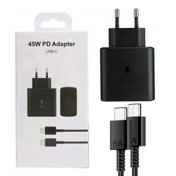Ładowarka sieciowa zasilacz adapter USB-C Typ-C 45W PD uniwersalny do szybkiego ładowania + kabel 2x USB-C 5A 100cm 1m (Czarny)