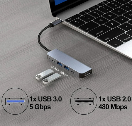 Adapter Hub D-Pro 5w1 przejściówka rozdzielacz USB-C do HDMI 4K UHD / 2x USB Type-C PD 100W / USB 2.0 3.0 (Space Gray / Szary)