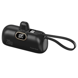 Powerbank D-Pro Mini Capsule LED USB-C + kabel Lightning mały poręczny kieszonkowy breloczek 5000mAh (Czarny)