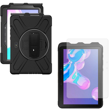 Zestaw D-Pro 360 Armor Strap Case etui pancerne z uchwytem na rękę i paskiem na ramię do Samsung Galaxy Tab Active Pro 10.1 (T540/T545/T547) / Tab Active4 Pro (T630/T636/T638)  + szkło ochronne