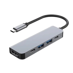 Adapter Hub D-Pro 5w1 przejściówka rozdzielacz USB-C do HDMI 4K UHD / 2x USB Type-C PD 100W / USB 2.0 3.0 (Space Gray / Szary)