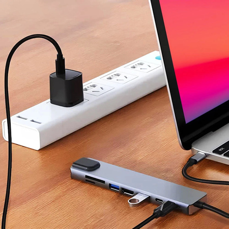 Adapter Hub D-Pro 8w1 przejściówka rozdzielacz USB-C do HDMI 4K UHD / 2x USB Type-C PD / USB 3.0 / SD / TF / RJ45 LAN 100Mbps (Space Gray / Szary)