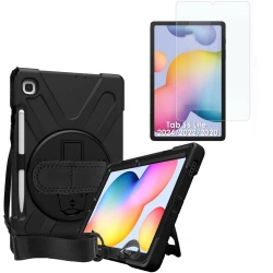 Zestaw D-Pro 360 Armor Strap Case etui pancerne z uchwytem na rękę i paskiem na ramię do Samsung Galaxy Tab S6 Lite 10.4" P610/P615 2020 P613/P619 2022 SM-P620/SM-P625 2024 + szkło ochronne