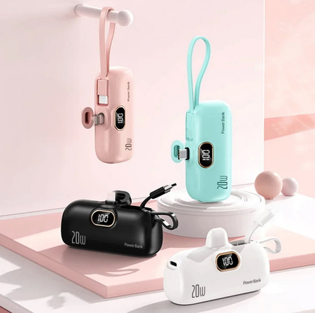 Powerbank D-Pro Mini Capsule LED USB-C + kabel Lightning mały poręczny kieszonkowy breloczek 5000mAh (Czarny)