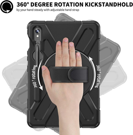 Etui D-Pro 360 Armor Strap Case obudowa pancerna z uchwytem na rękę i paskiem na ramię z wbudowaną folią na ekran do Samsung Galaxy Tab S10 FE 10.9" (SM-X520 / SM-X526) 2025