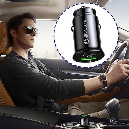 Ładowarka samochodowa NOX do zapalniczki szybka mocna dwa porty USB-A + USB-C 5V 3.1A (Czarna)