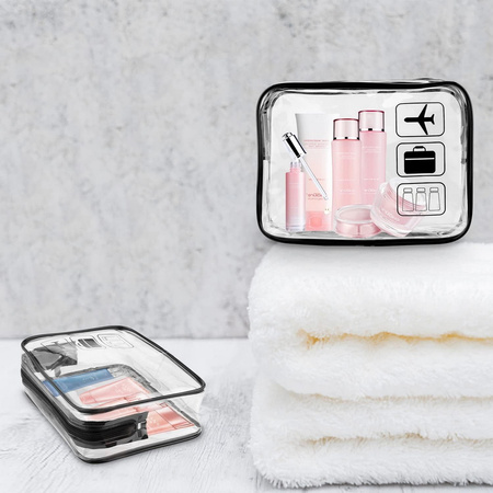 Zestaw kosmetyczka podróżna z certyfikatem TSA Approved 3-1-1 na płyny kosmetyki do samolotu bagażu podręcznego na lotnisko 1L (Czarny) + saszetka podróżna