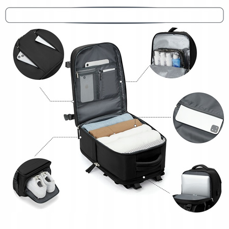 Plecak podróżny D-Pro Nylon Backpack V2 USB bagaż podręczny do samolotu torba na laptopa 27L 45x30x20cm (Czarny)