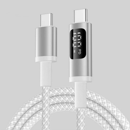 Kabel przewód USB-C do USB-C Type-C z wyświetlaczem LED do szybkiego ładowania PD 100W nylonowy oplot 200cm 2m (Biały)