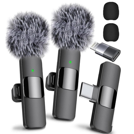 Mikrofon zewnętrzny krawatowy bezprzewodowy z odbiornikiem USB-C Typ-C + Adapter do Apple Lightning iPhone Android + DeadCat osłona przeciwwietrzna Vlog Podcast YouTube TikTok Stream Transmisja (2 szt.)