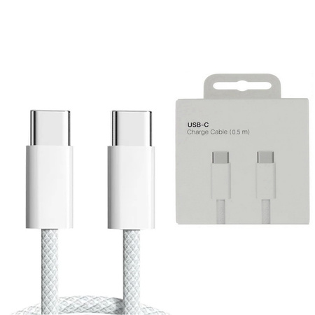 Kabel przewód USB-C do USB-C Type-C do szybkiego ładowania PD 60W nylonowy oplot do Apple iPad mini/Air/Pro iPhone 15/16/Pro/Plus/Max 50cm 0.5m (Box) (Biały)